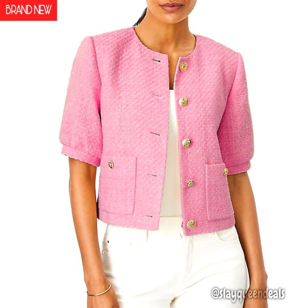 Cropped Pink Tweed Short Sleeve Jacket with Gold Buttons